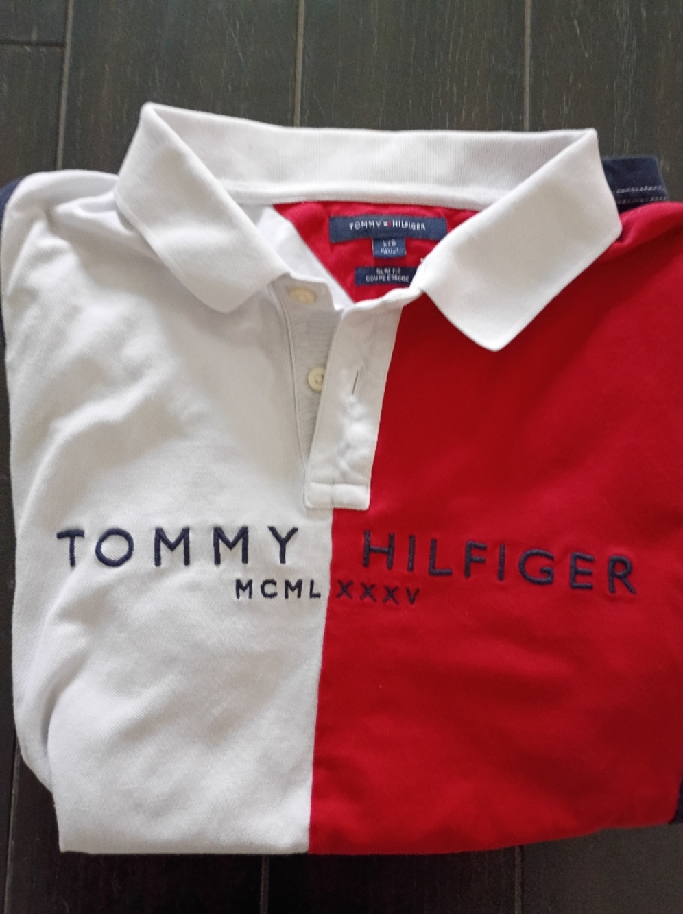 Tommy Hilfiger White and Red Colorblock Polo with Navy Logo Tag